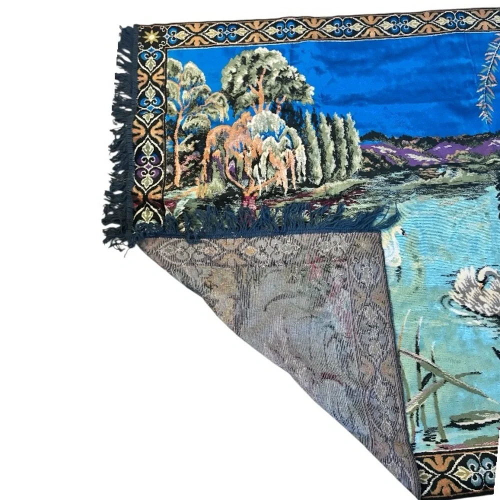 Vintage Large Velvet Elegant Swan Lake and Landscape Tapestry with Fringe